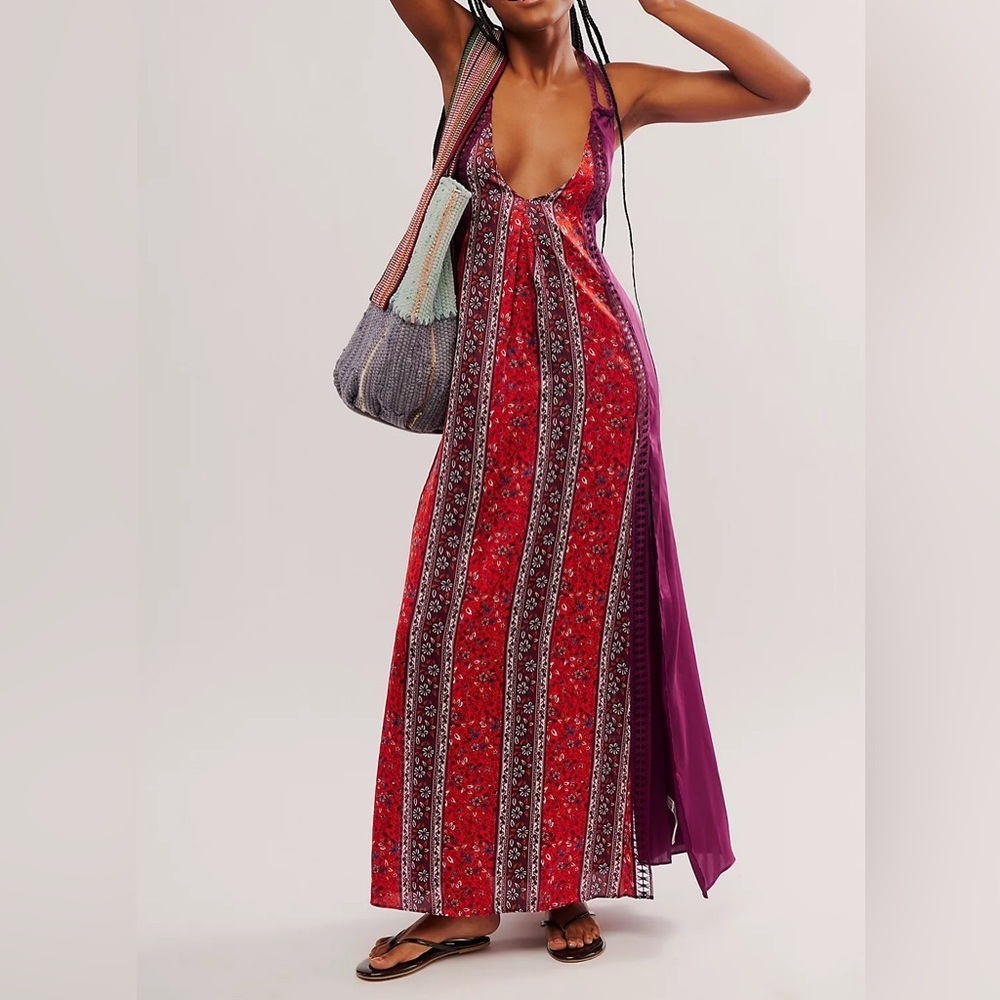 Intimately Free People Bohemian Nights Maxi Slip Dress in fiery red combo Size M